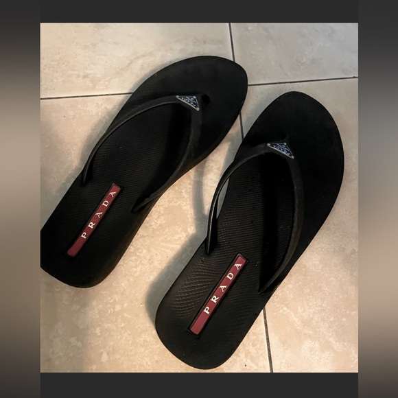 Prada Shoes - Prada Triangle Monogram Logo Black Flip flops Sandals Sz 7